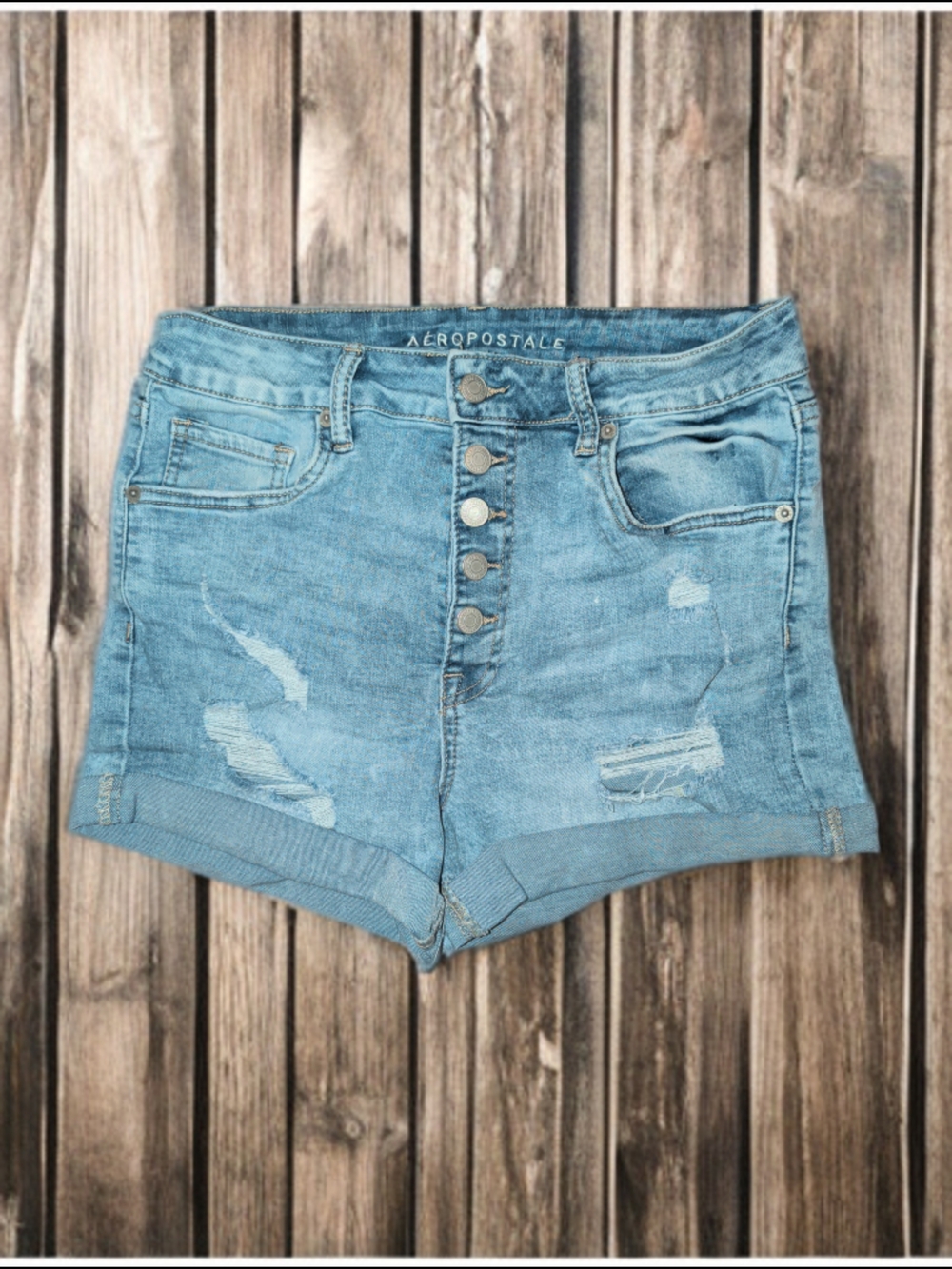 Aeropostale Light Wash Distressed Button-Fly Super High Rise Jean Shorts